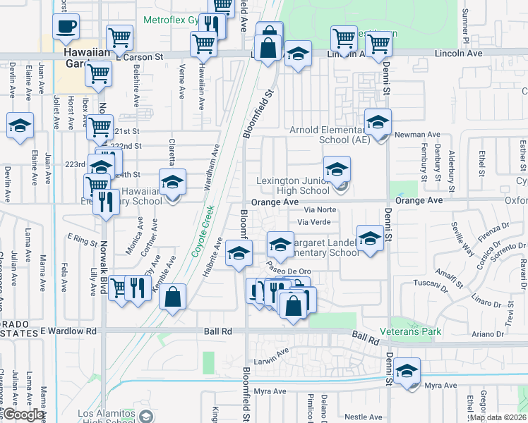 map of restaurants, bars, coffee shops, grocery stores, and more near 4056 Avenida Sevilla in Cypress