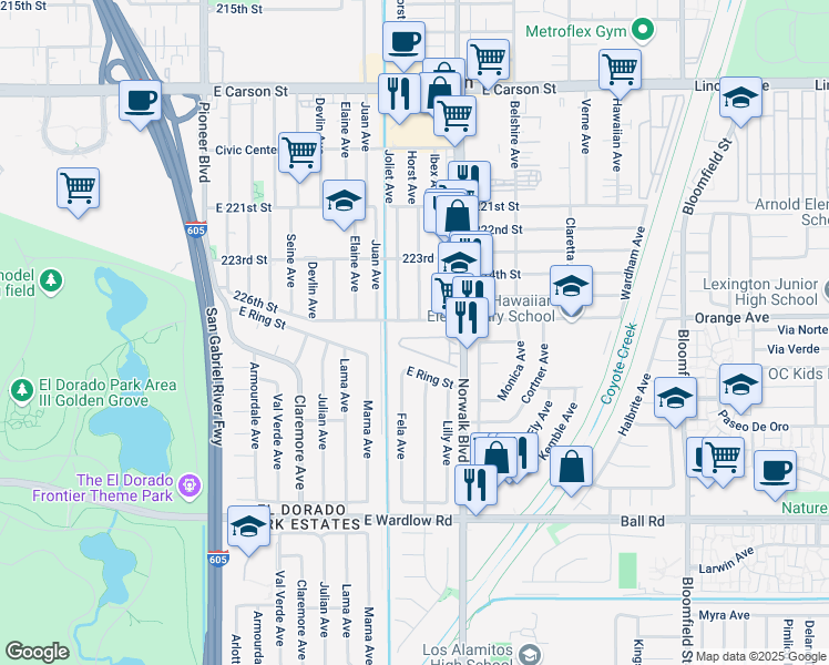 map of restaurants, bars, coffee shops, grocery stores, and more near 12100 226th Street in Hawaiian Gardens