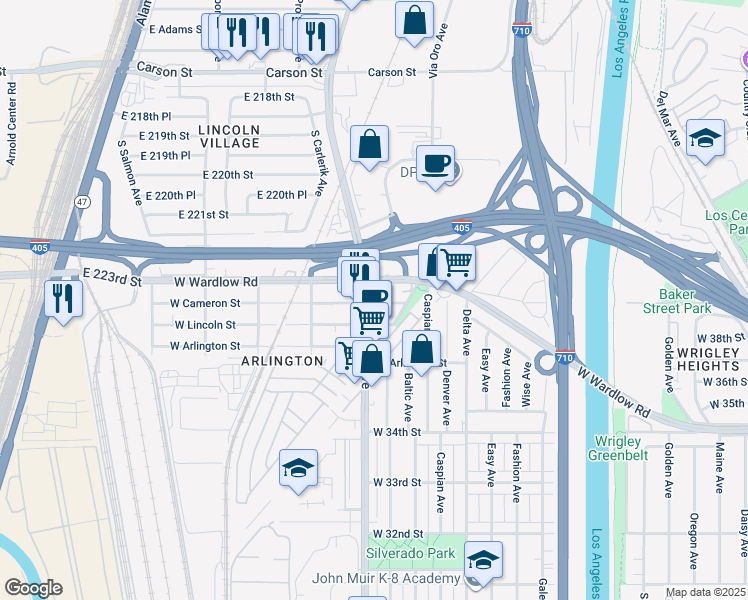 map of restaurants, bars, coffee shops, grocery stores, and more near 1612 West Cameron Street in Long Beach