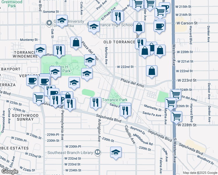map of restaurants, bars, coffee shops, grocery stores, and more near 2409 Arlington Avenue in Torrance