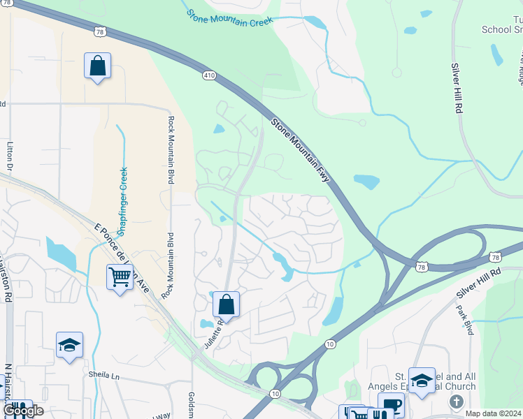 map of restaurants, bars, coffee shops, grocery stores, and more near 1457 Stone Mill Trce in Stone Mountain