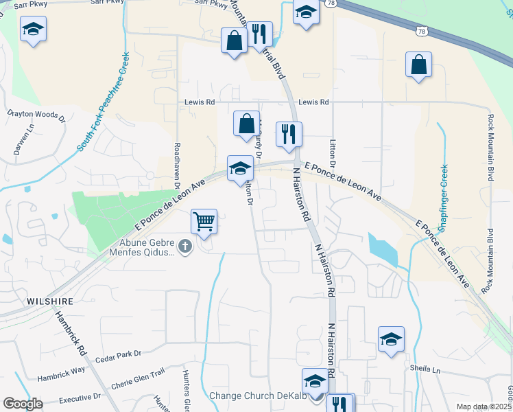 map of restaurants, bars, coffee shops, grocery stores, and more near 1471 Inverness Drive in Stone Mountain