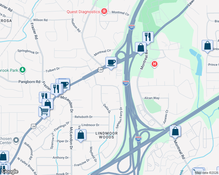 map of restaurants, bars, coffee shops, grocery stores, and more near 1490 Sanden Ferry Drive in Decatur