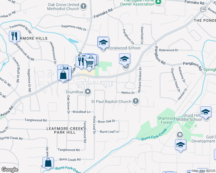 map of restaurants, bars, coffee shops, grocery stores, and more near 1473 Leafview Road in Decatur