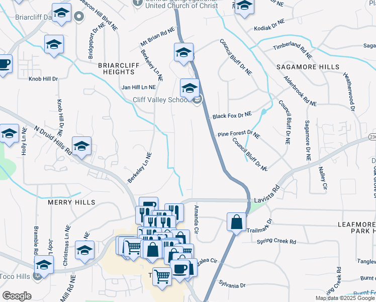 map of restaurants, bars, coffee shops, grocery stores, and more near 1468 North Amanda Circle Northeast in Atlanta