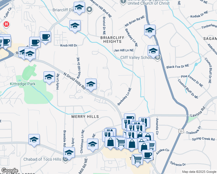 map of restaurants, bars, coffee shops, grocery stores, and more near 827 Druid Oaks Northeast in Atlanta