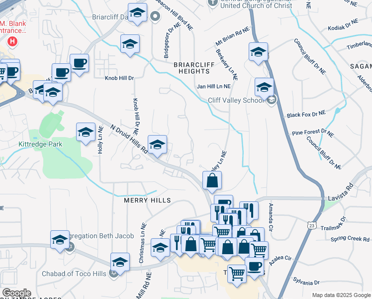 map of restaurants, bars, coffee shops, grocery stores, and more near 436 Druid Oaks Northeast in Atlanta