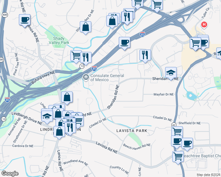 map of restaurants, bars, coffee shops, grocery stores, and more near 1096 Sheridan Park Northeast in Atlanta