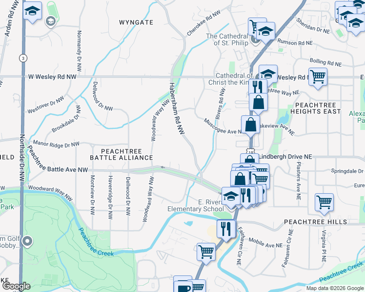 map of restaurants, bars, coffee shops, grocery stores, and more near 2542 Habersham Road Northwest in Atlanta