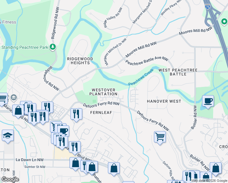 map of restaurants, bars, coffee shops, grocery stores, and more near 8 Scotland Place Northwest in Atlanta