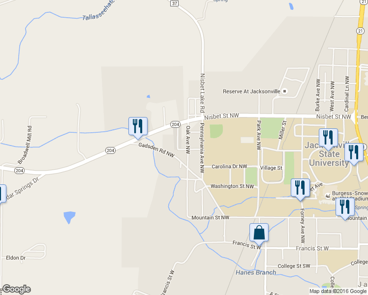 map of restaurants, bars, coffee shops, grocery stores, and more near 404 Oak Avenue Northwest in Jacksonville