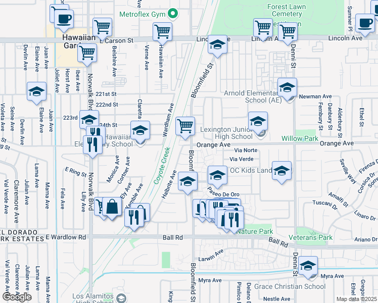 map of restaurants, bars, coffee shops, grocery stores, and more near 8391 East Valeport Avenue in Long Beach