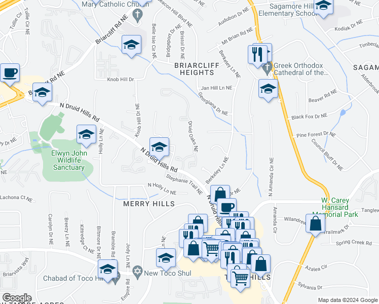 map of restaurants, bars, coffee shops, grocery stores, and more near 827 Druid Oaks Northeast in Atlanta