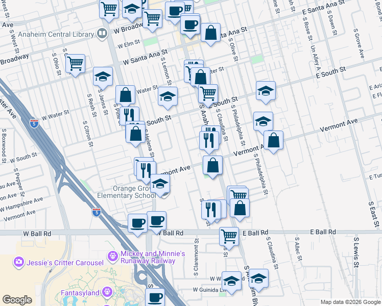 map of restaurants, bars, coffee shops, grocery stores, and more near 140 West Midway Manor in Anaheim