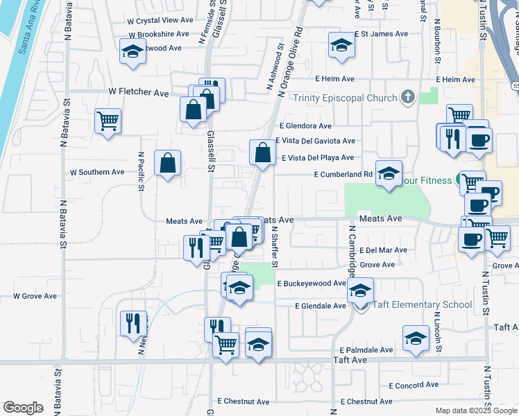 map of restaurants, bars, coffee shops, grocery stores, and more near 2117 North Orange Olive Road in Orange