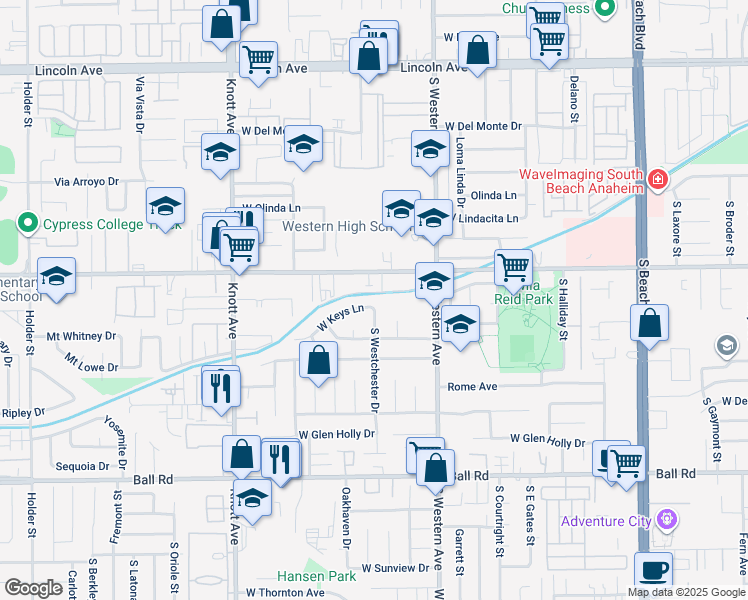 map of restaurants, bars, coffee shops, grocery stores, and more near 3305 West Keys Lane in Anaheim