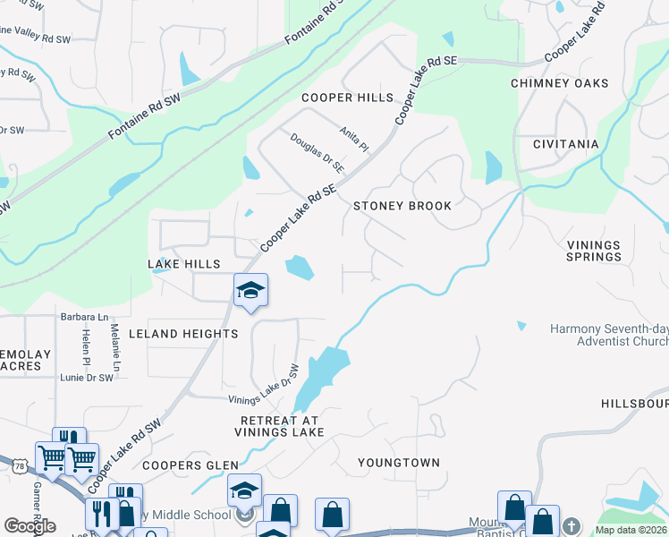 map of restaurants, bars, coffee shops, grocery stores, and more near 5339 Saint Martins Court Southeast in Mableton
