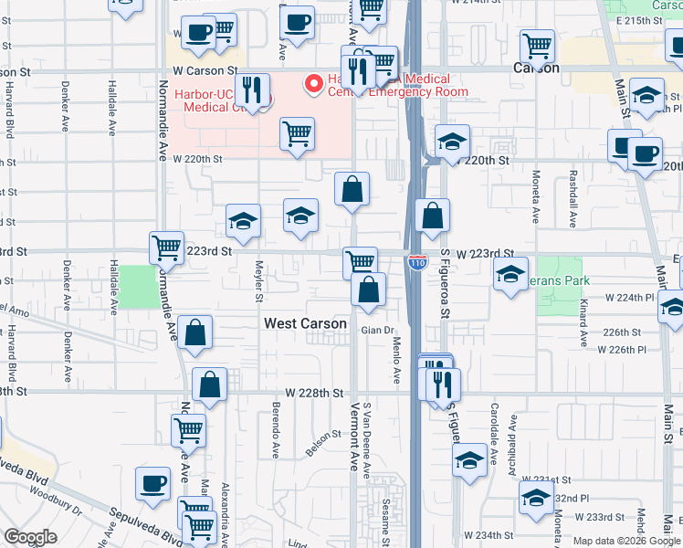 map of restaurants, bars, coffee shops, grocery stores, and more near 22325 South Vermont Avenue in Torrance