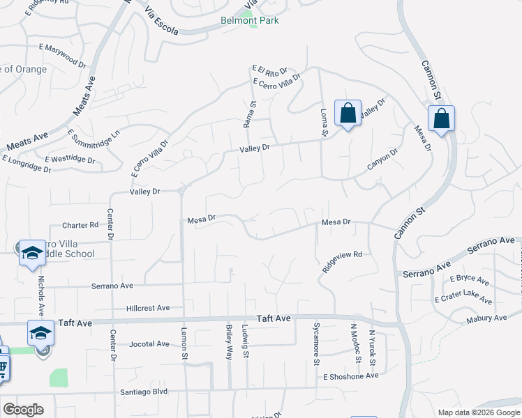 map of restaurants, bars, coffee shops, grocery stores, and more near 18605 Mesa Drive in Villa Park