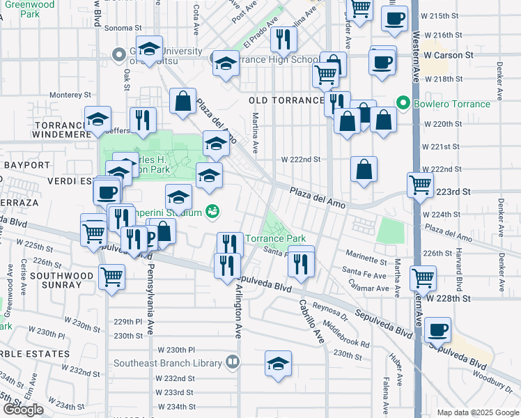 map of restaurants, bars, coffee shops, grocery stores, and more near 2409 Arlington Avenue in Torrance