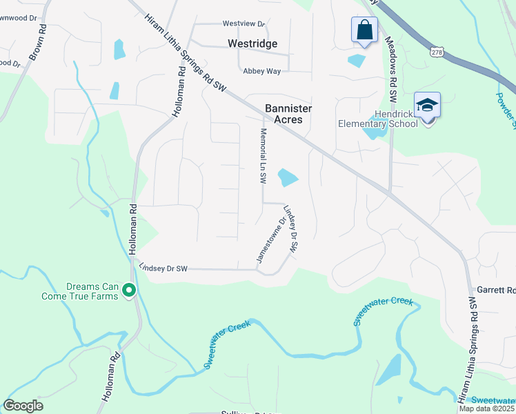 map of restaurants, bars, coffee shops, grocery stores, and more near 5344 Memorial Lane Southwest in Powder Springs