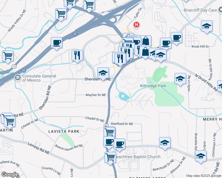 map of restaurants, bars, coffee shops, grocery stores, and more near 2351 Briarcliff Road Northeast in Atlanta