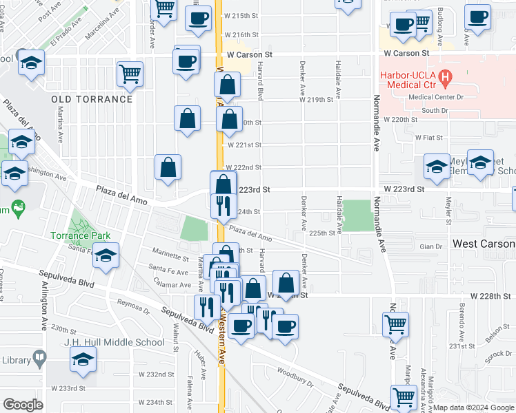 map of restaurants, bars, coffee shops, grocery stores, and more near 1603 West 224th Street in Torrance