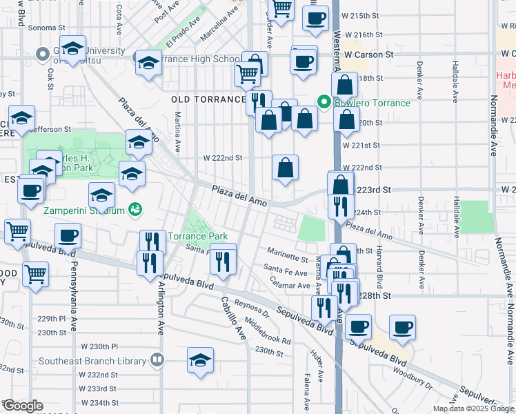 map of restaurants, bars, coffee shops, grocery stores, and more near 1872 Plaza Del Amo in Torrance