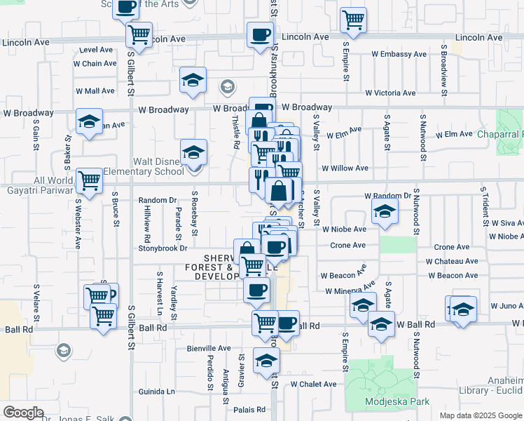 map of restaurants, bars, coffee shops, grocery stores, and more near 2233 West Anacasa Way in Anaheim