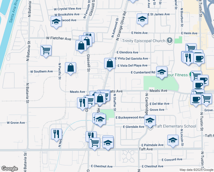 map of restaurants, bars, coffee shops, grocery stores, and more near 2117 North Orange Olive Road in Orange
