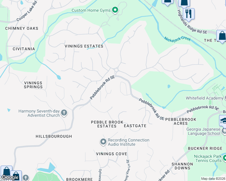 map of restaurants, bars, coffee shops, grocery stores, and more near 942 Pebblebrook Road Southeast in Mableton