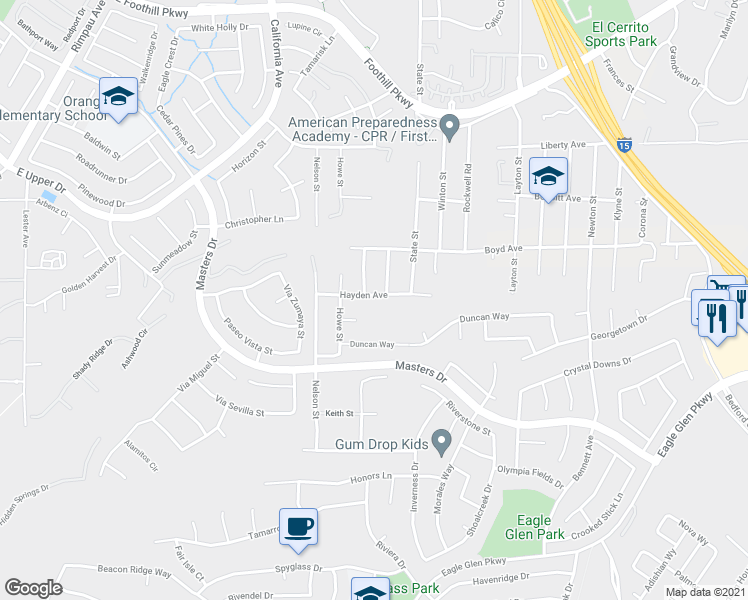 map of restaurants, bars, coffee shops, grocery stores, and more near 1718 Hayden Avenue in Corona
