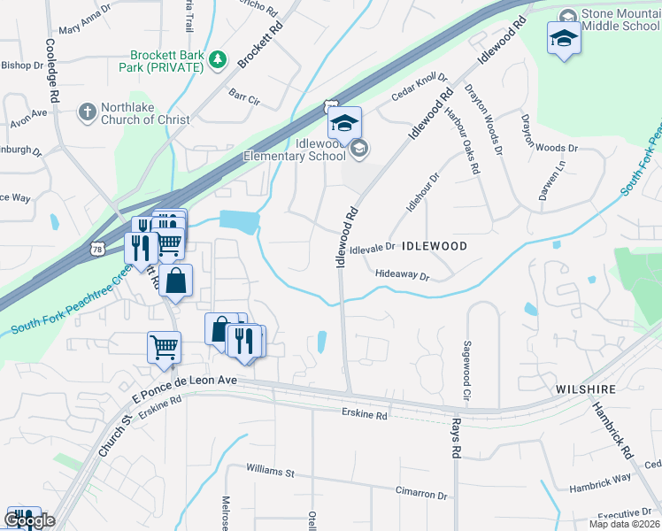 map of restaurants, bars, coffee shops, grocery stores, and more near 1382 Idlewood Road in Tucker