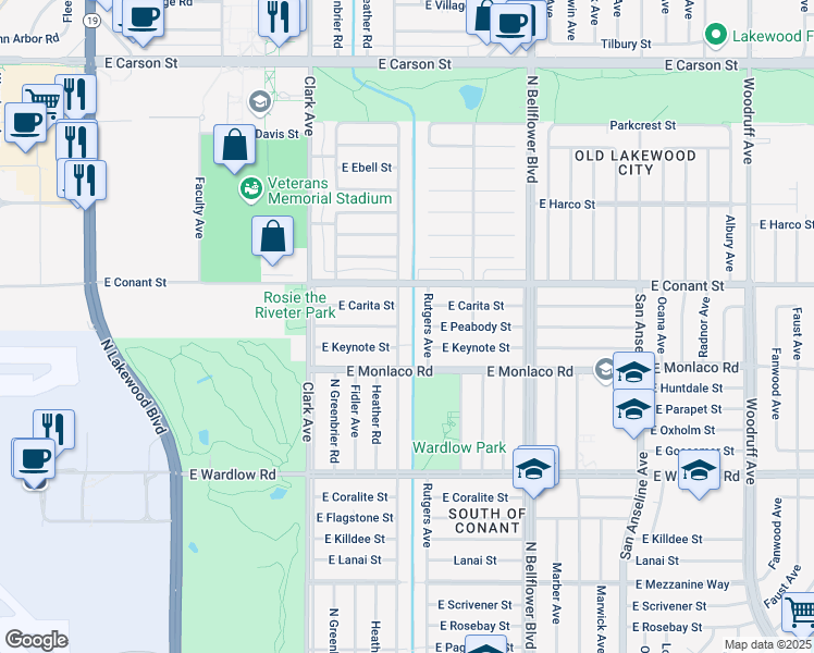 map of restaurants, bars, coffee shops, grocery stores, and more near 3617 Rutgers Avenue in Long Beach
