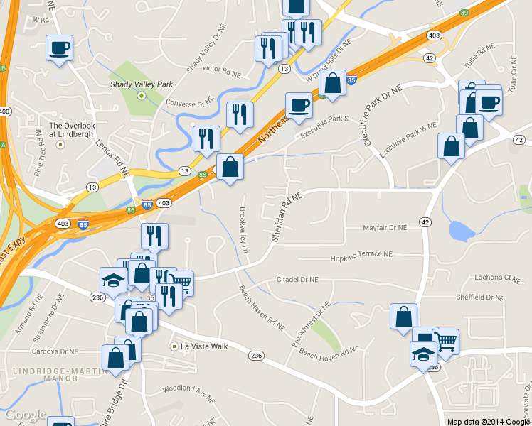 map of restaurants, bars, coffee shops, grocery stores, and more near 1096 Sheridan Park NE in Atlanta