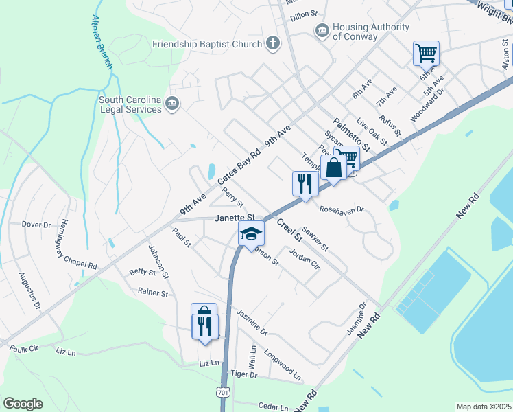 map of restaurants, bars, coffee shops, grocery stores, and more near 501 Creel Street in Conway