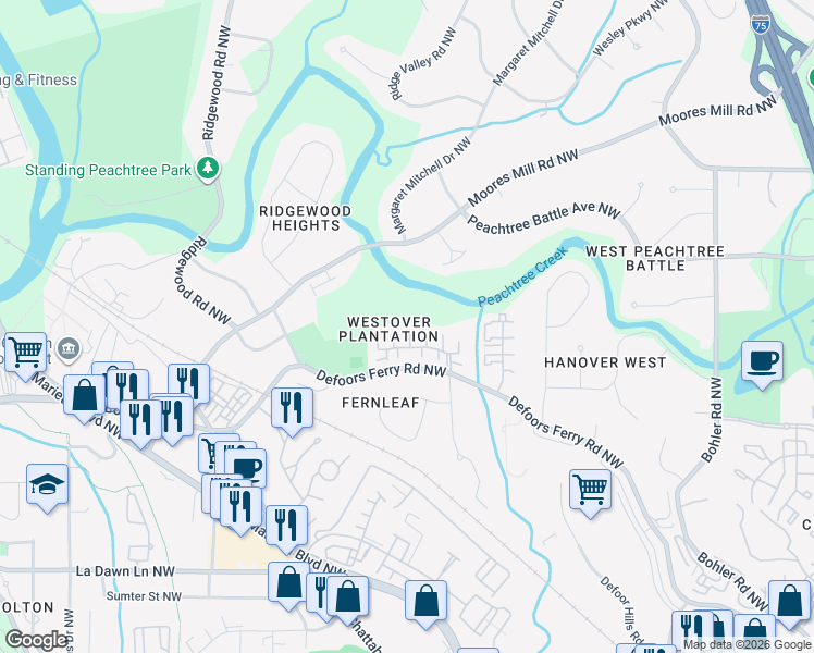 map of restaurants, bars, coffee shops, grocery stores, and more near 10 North Boundary Place Northwest in Atlanta