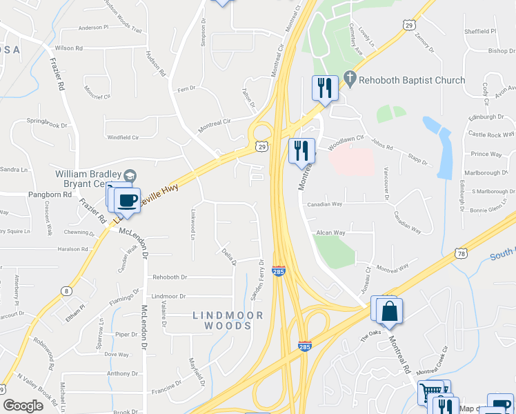 map of restaurants, bars, coffee shops, grocery stores, and more near 1461 Sanden Ferry Drive in Decatur