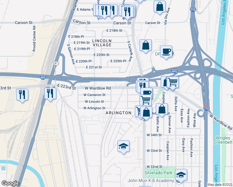 map of restaurants, bars, coffee shops, grocery stores, and more near 2021 West Cameron Street in Long Beach