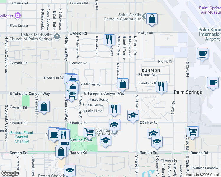 map of restaurants, bars, coffee shops, grocery stores, and more near 2244 East Tahquitz Canyon Way in Palm Springs