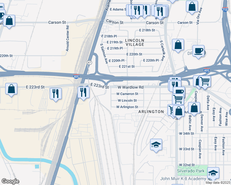 map of restaurants, bars, coffee shops, grocery stores, and more near 2425 West Cameron Street in Long Beach