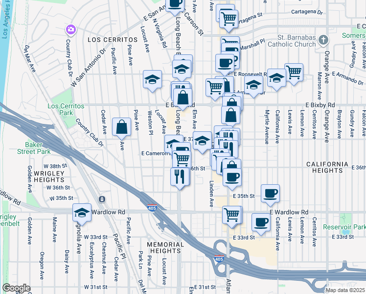 map of restaurants, bars, coffee shops, grocery stores, and more near 3635 Long Beach Boulevard in Long Beach