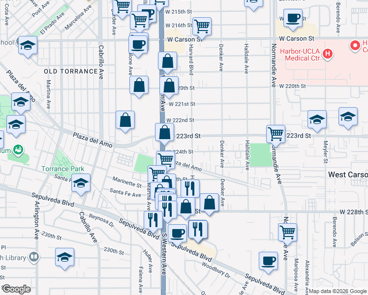 map of restaurants, bars, coffee shops, grocery stores, and more near 1603 West 224th Street in Torrance
