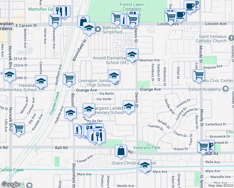 map of restaurants, bars, coffee shops, grocery stores, and more near 9536 Avenida Monterey in Cypress