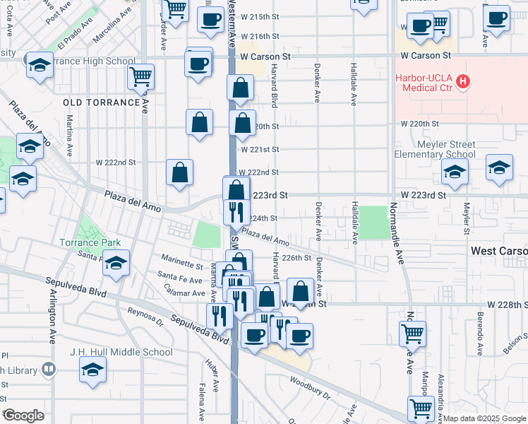 map of restaurants, bars, coffee shops, grocery stores, and more near 1617 West 224th Street in Torrance