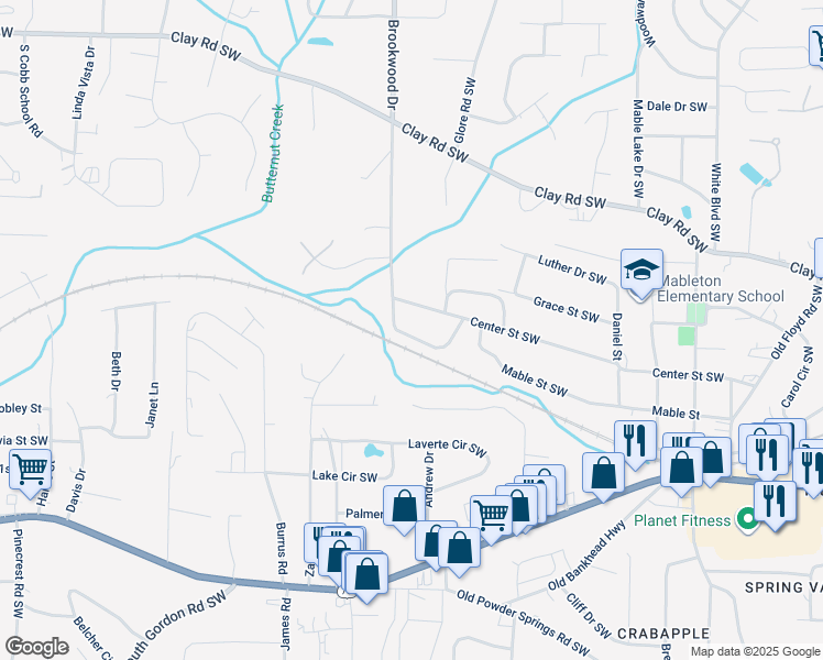 map of restaurants, bars, coffee shops, grocery stores, and more near 1306 Stella Circle Southwest in Mableton