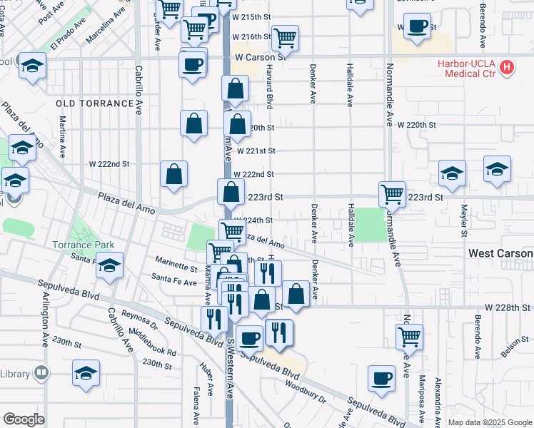 map of restaurants, bars, coffee shops, grocery stores, and more near 1603 West 224th Street in Torrance