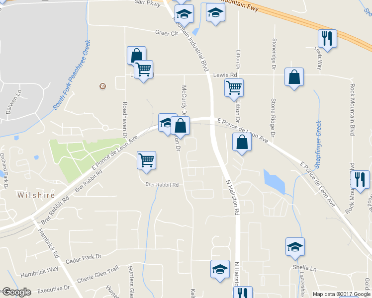 map of restaurants, bars, coffee shops, grocery stores, and more near 1471 Inverness Drive in Stone Mountain
