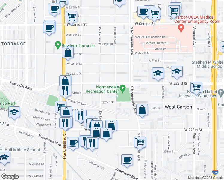 map of restaurants, bars, coffee shops, grocery stores, and more near 1415 West 224th Street in Torrance