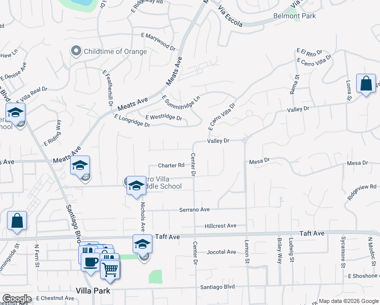map of restaurants, bars, coffee shops, grocery stores, and more near 18262 Pamela Place in Villa Park